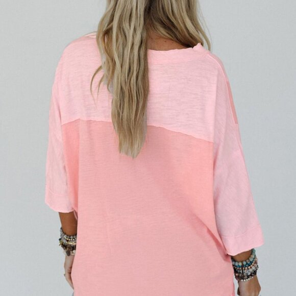 B295 Pink Flower Patched Exposed Seam 3/4 Sleeve Top - Picture 2 of 9